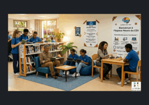 Image générée par l'intelligence artificielle pour illustrer un espace CDI composé d'une bibliothèque, poufs, table basse, fauteuil, tables de jeux et affichage dans lequel des élèves et personnels évoluent